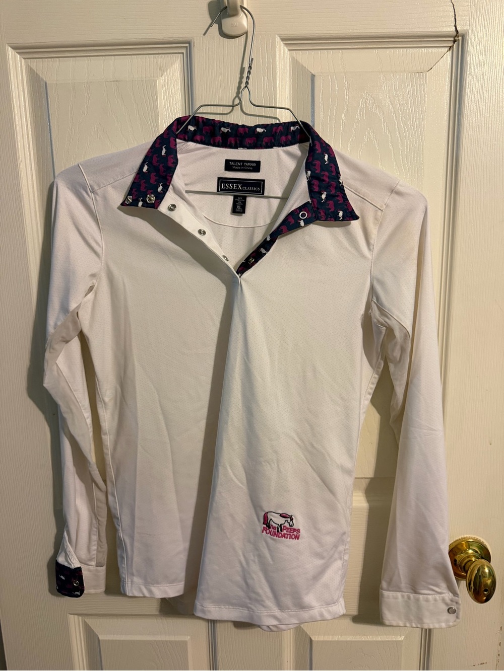 Essex Classics Girls' White Long-Sleeve Polo with Navy Pink Trim